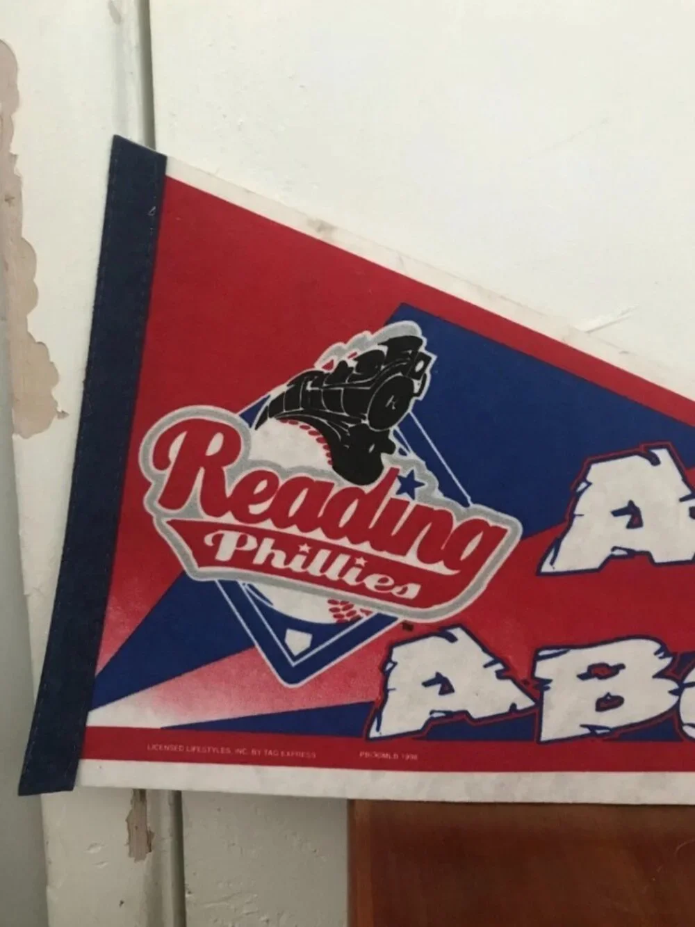 1998 Reading Phillies ALL ABOARD Eastern Minor League Logo Train Pennant Vintage